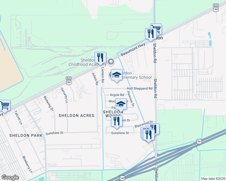 map of restaurants, bars, coffee shops, grocery stores, and more near 16918 Hall Shepperd Road in Houston