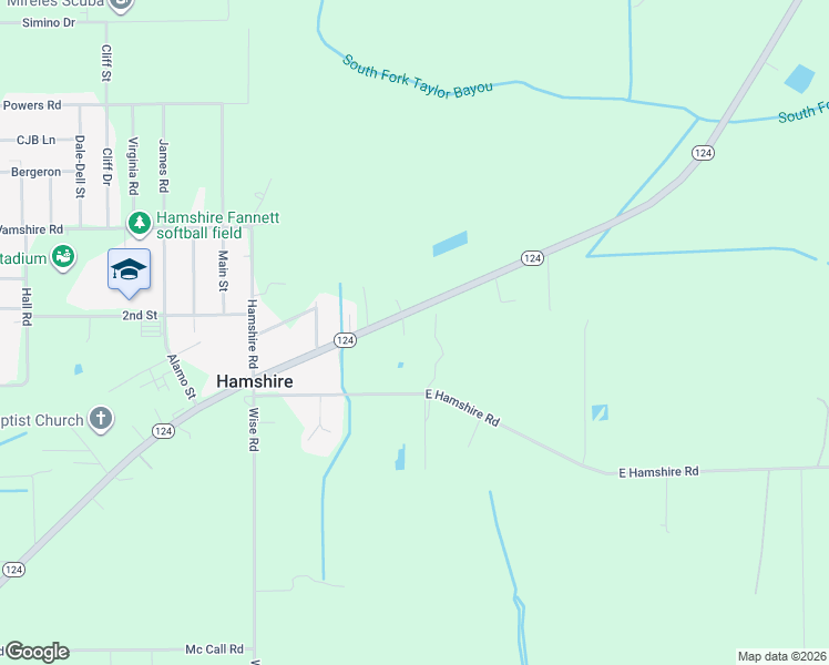 map of restaurants, bars, coffee shops, grocery stores, and more near 24279 Texas 124 in Hamshire