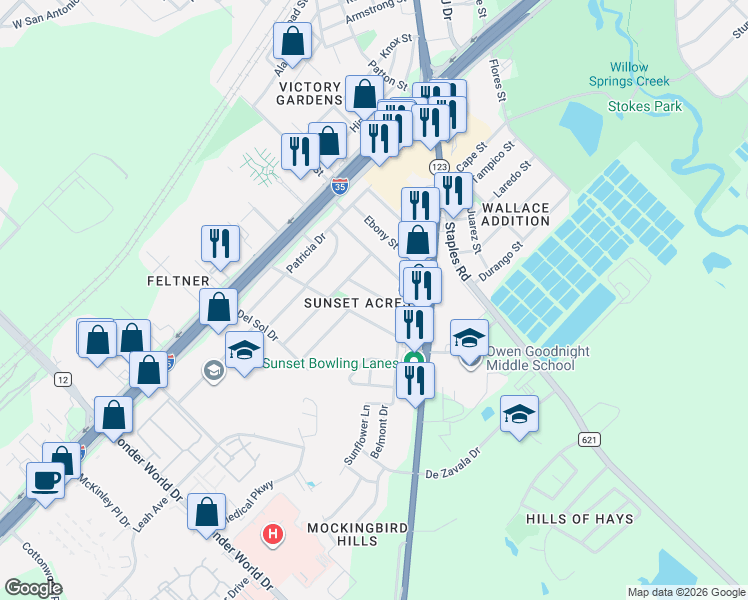 map of restaurants, bars, coffee shops, grocery stores, and more near 313 Magnolia Drive in San Marcos