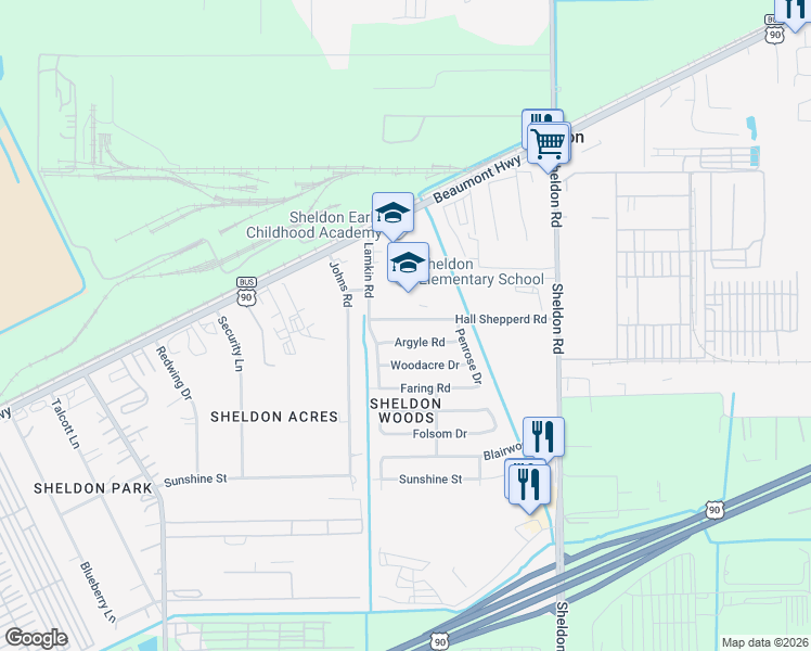 map of restaurants, bars, coffee shops, grocery stores, and more near 16918 Hall Shepperd Road in Houston