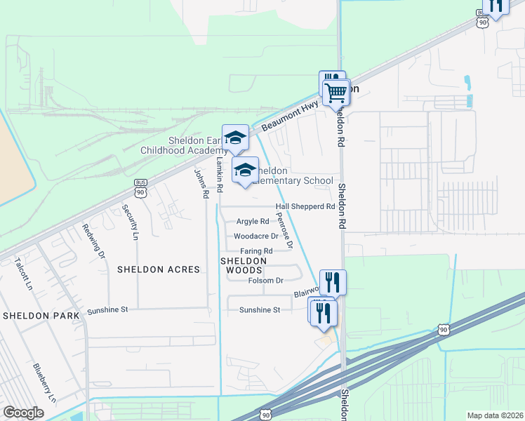 map of restaurants, bars, coffee shops, grocery stores, and more near 17102 Hall Shepperd Road in Houston