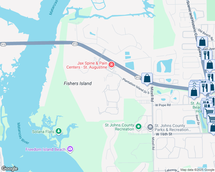 map of restaurants, bars, coffee shops, grocery stores, and more near 31115 Harbour Vista Circle in St. Augustine