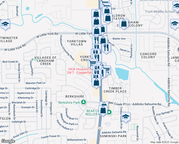 map of restaurants, bars, coffee shops, grocery stores, and more near 15831 Yorktown Crossing Parkway in Houston