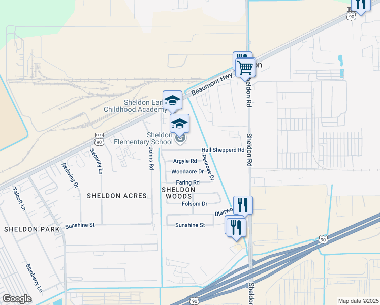 map of restaurants, bars, coffee shops, grocery stores, and more near 17026 Hall Shepperd Road in Houston