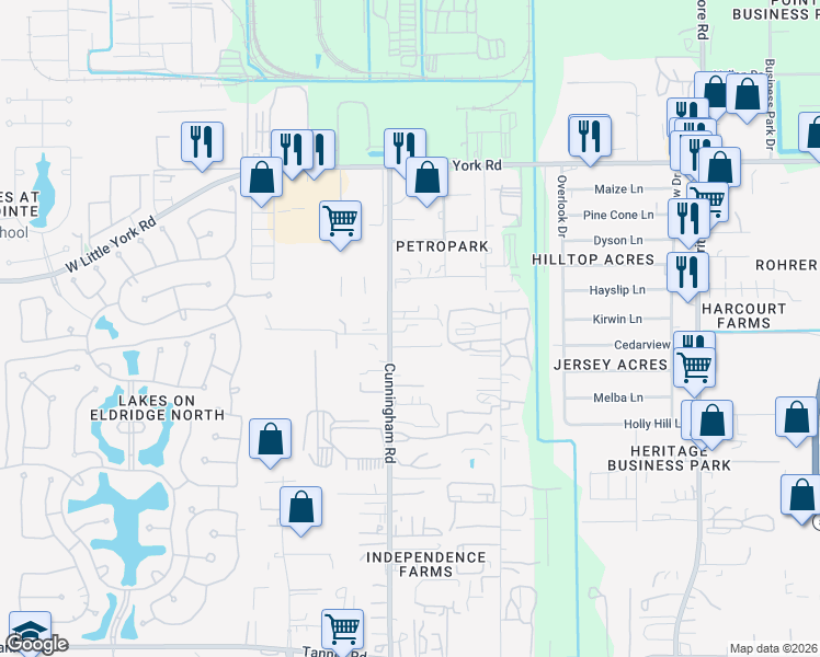 map of restaurants, bars, coffee shops, grocery stores, and more near 6456 Cunningham Road in Houston