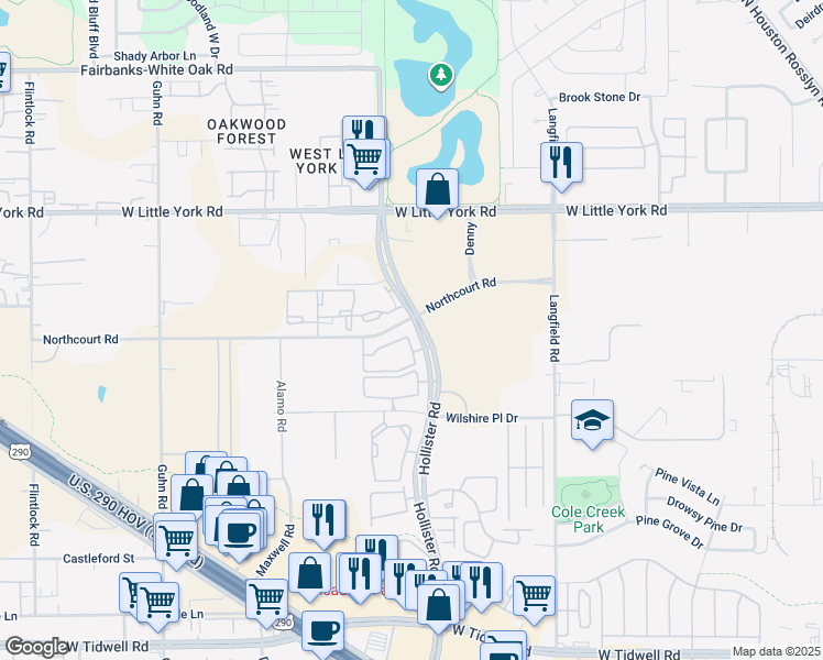 map of restaurants, bars, coffee shops, grocery stores, and more near 6969 Hollister Street in Houston