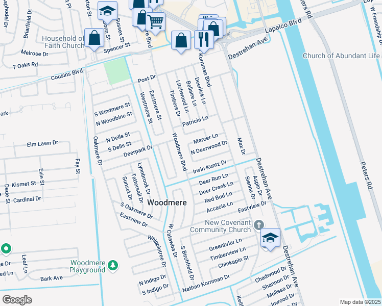 map of restaurants, bars, coffee shops, grocery stores, and more near 2447 Deerwood Court in Harvey