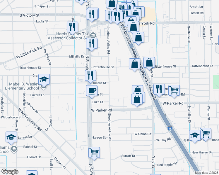 map of restaurants, bars, coffee shops, grocery stores, and more near 7000 Stuebner Airline Road in Houston