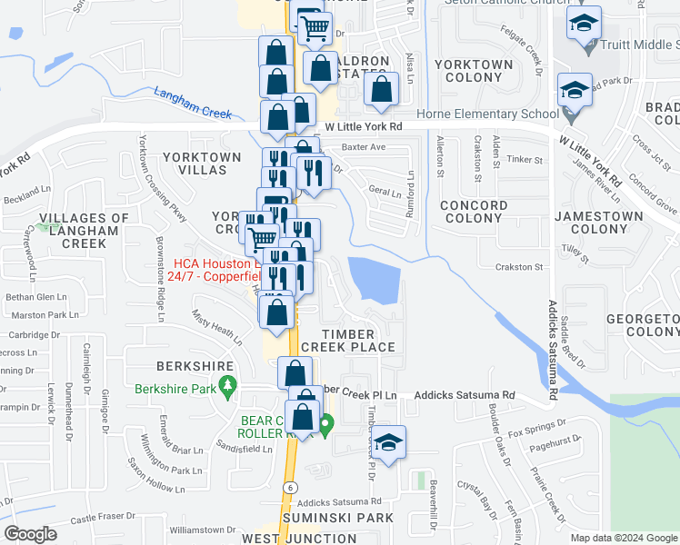 map of restaurants, bars, coffee shops, grocery stores, and more near 408 Timber Creek Place Drive in Houston