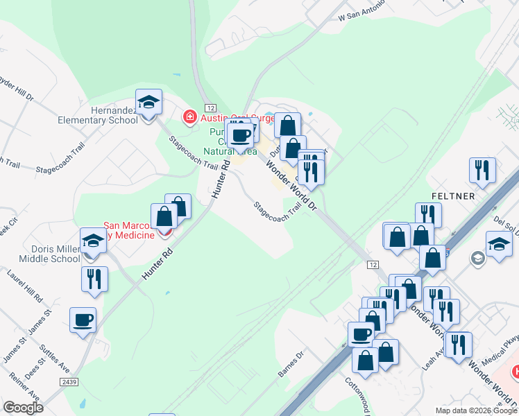 map of restaurants, bars, coffee shops, grocery stores, and more near 211 South Stagecoach Trail in San Marcos