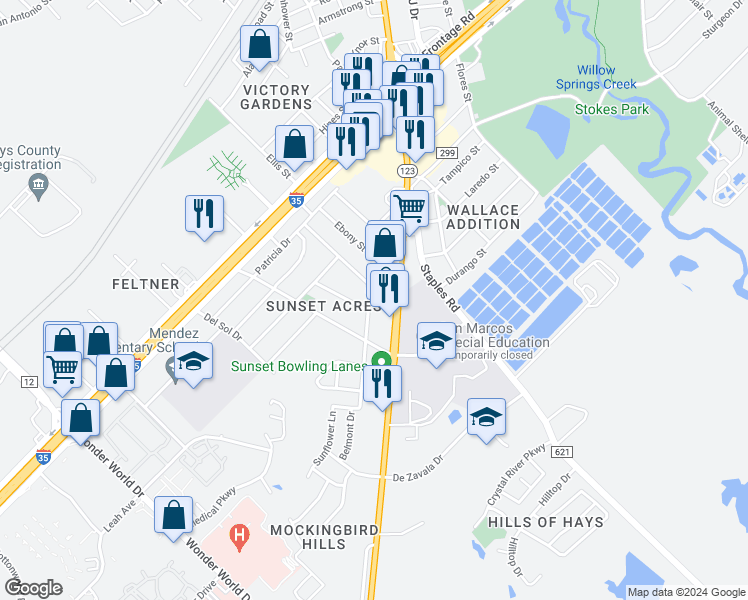 map of restaurants, bars, coffee shops, grocery stores, and more near 415 Parker Drive in San Marcos