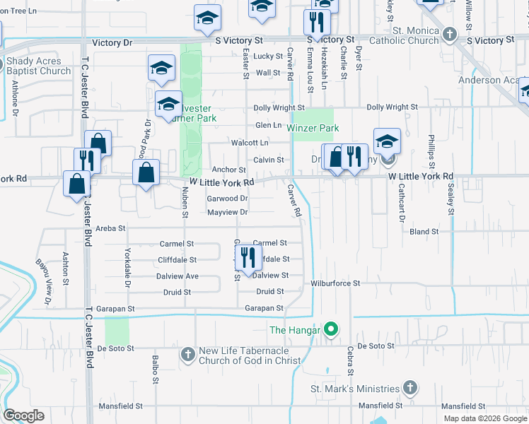 map of restaurants, bars, coffee shops, grocery stores, and more near 2430 Mayview Dr in Houston