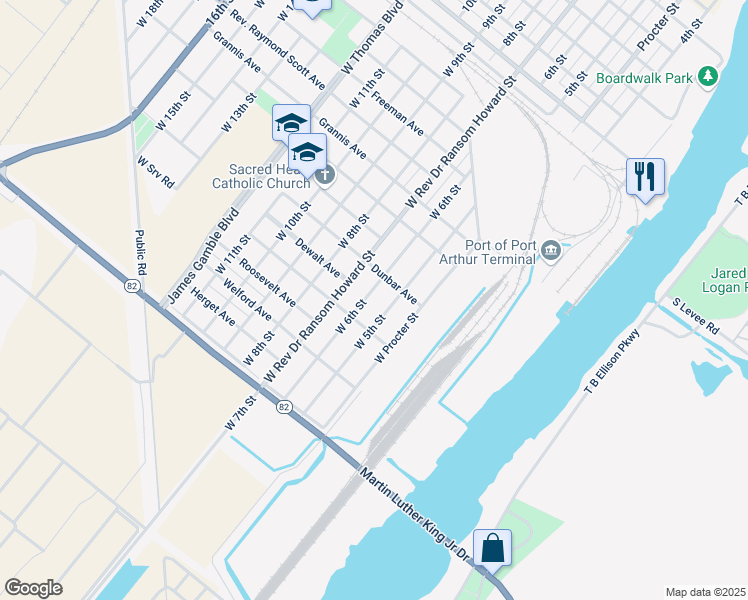 map of restaurants, bars, coffee shops, grocery stores, and more near 1020 West 6th Street in Port Arthur