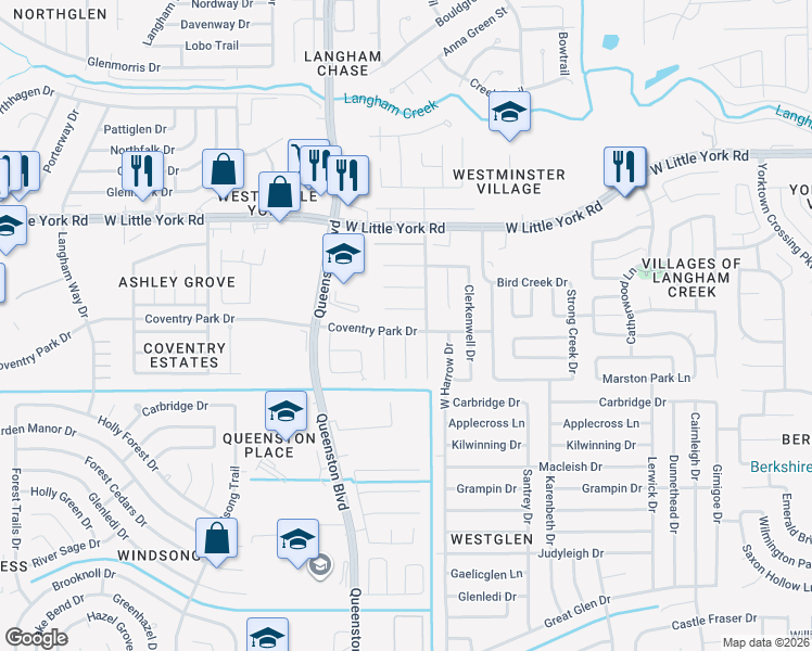 map of restaurants, bars, coffee shops, grocery stores, and more near 17118 Coventry Park Drive in Houston