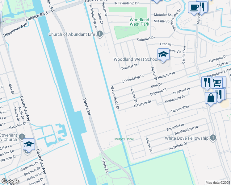 map of restaurants, bars, coffee shops, grocery stores, and more near 2712 West Friendship Drive in Harvey