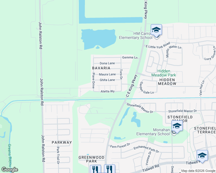 map of restaurants, bars, coffee shops, grocery stores, and more near 9726 Elia Court in Houston