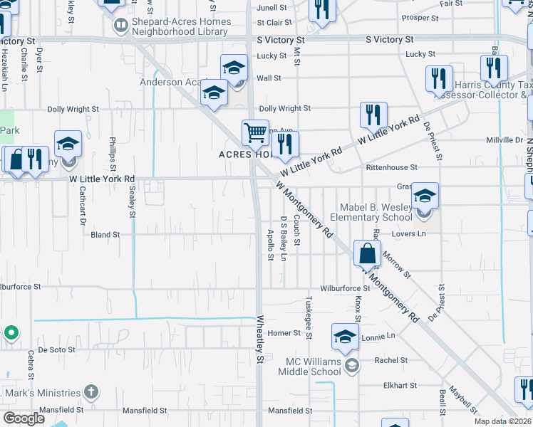 map of restaurants, bars, coffee shops, grocery stores, and more near 6813 Apollo Street in Houston