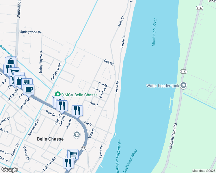 map of restaurants, bars, coffee shops, grocery stores, and more near 208 Avenue M in Belle Chasse