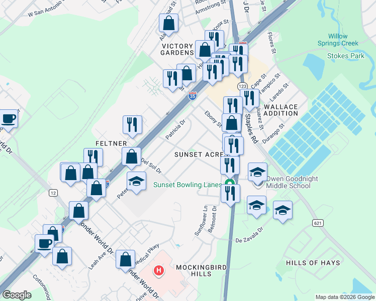 map of restaurants, bars, coffee shops, grocery stores, and more near 417 Candlelight Lane in San Marcos