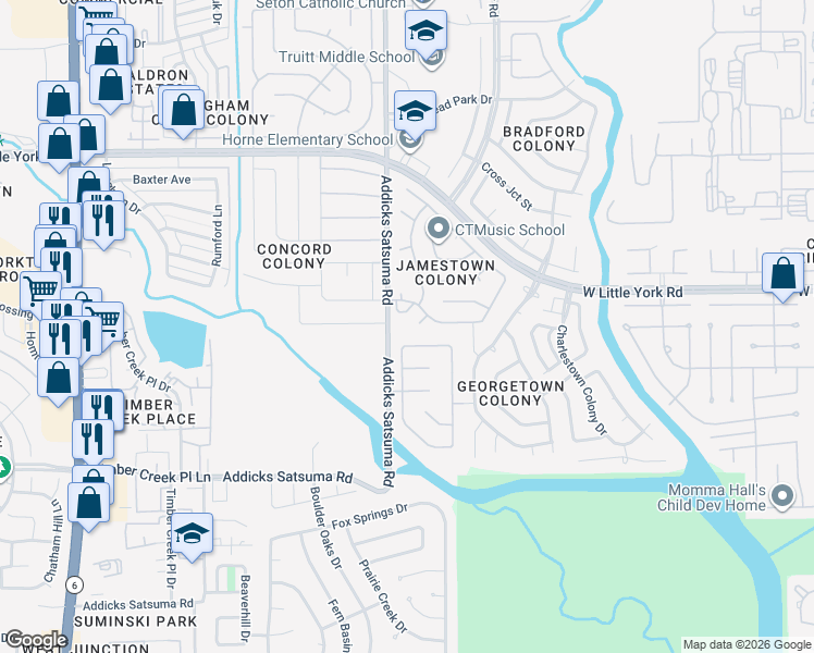map of restaurants, bars, coffee shops, grocery stores, and more near 6058 Addicks Satsuma Road in Houston