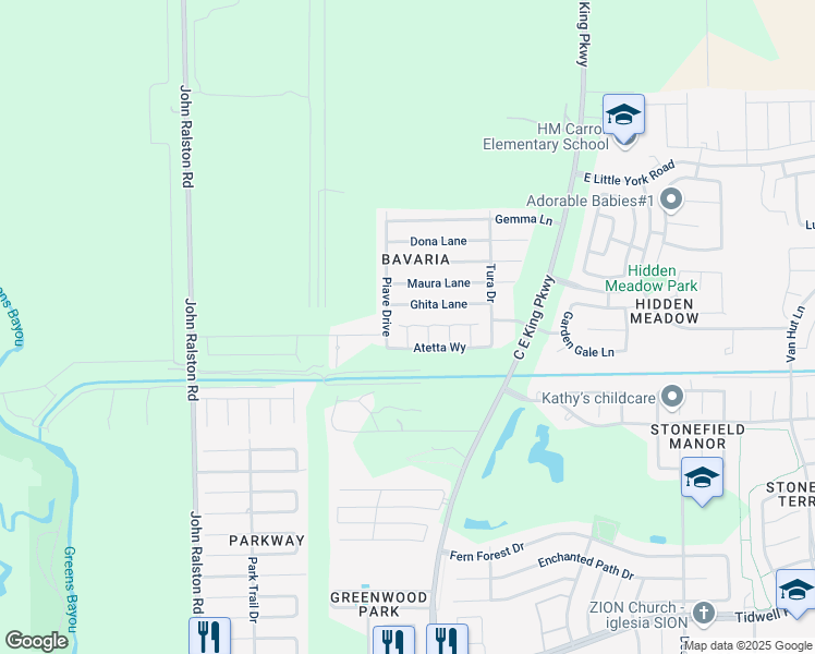 map of restaurants, bars, coffee shops, grocery stores, and more near Caprice Court in Houston