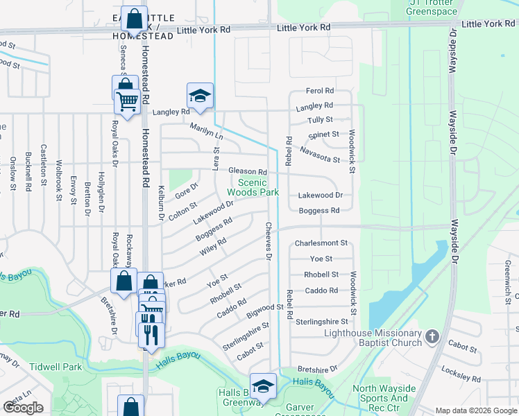 map of restaurants, bars, coffee shops, grocery stores, and more near 7439 Boggess Road in Houston