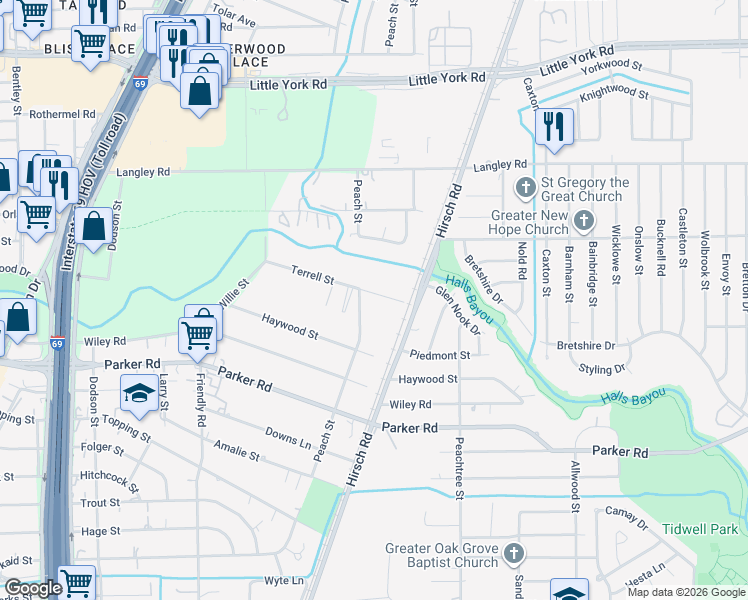 map of restaurants, bars, coffee shops, grocery stores, and more near 4800 Terrell Street in Houston