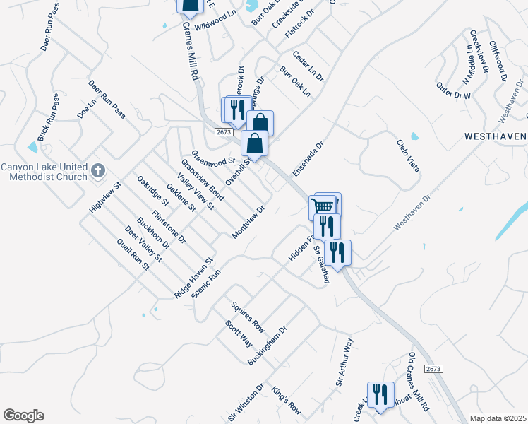 map of restaurants, bars, coffee shops, grocery stores, and more near 1121 Montview Drive in Canyon Lake