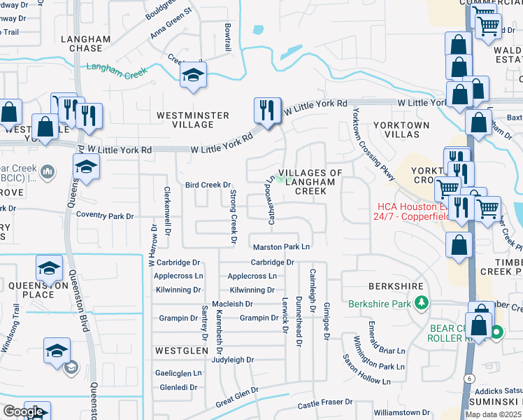 map of restaurants, bars, coffee shops, grocery stores, and more near 16823 Brooktondale Court in Houston