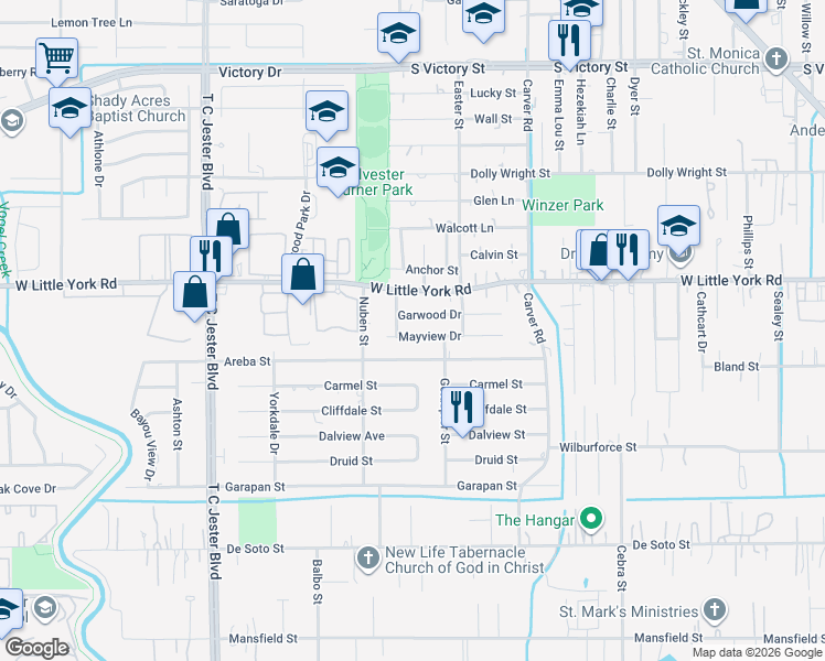 map of restaurants, bars, coffee shops, grocery stores, and more near 2614 Mayview Drive in Houston