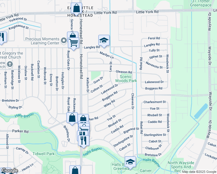 map of restaurants, bars, coffee shops, grocery stores, and more near 7313 Lakewood Drive in Houston