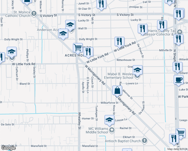 map of restaurants, bars, coffee shops, grocery stores, and more near 6813 Couch Street in Houston