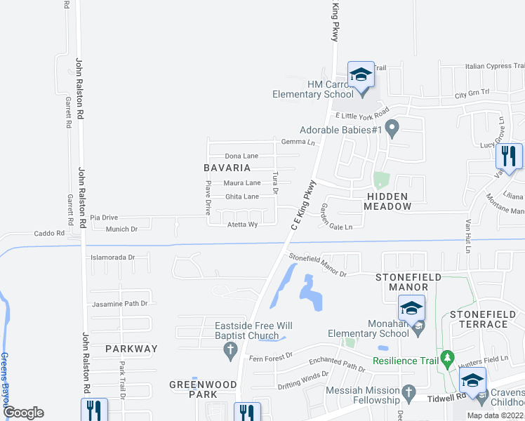 map of restaurants, bars, coffee shops, grocery stores, and more near Floria Court in Houston