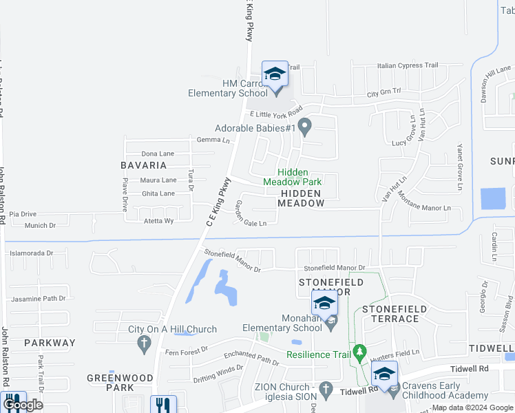 map of restaurants, bars, coffee shops, grocery stores, and more near 12519 Thistle Creek Court in Houston