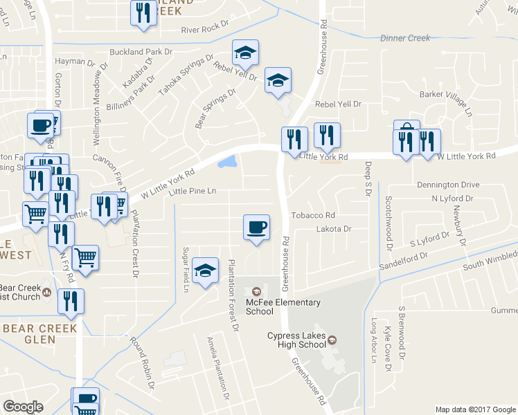 map of restaurants, bars, coffee shops, grocery stores, and more near 19331 Otter Trail Court in Katy
