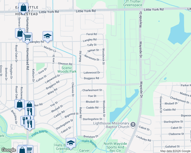 map of restaurants, bars, coffee shops, grocery stores, and more near 7713 Boggess Road in Houston