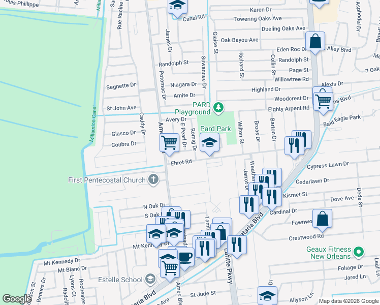 map of restaurants, bars, coffee shops, grocery stores, and more near 5525 Hamerick Drive in Marrero