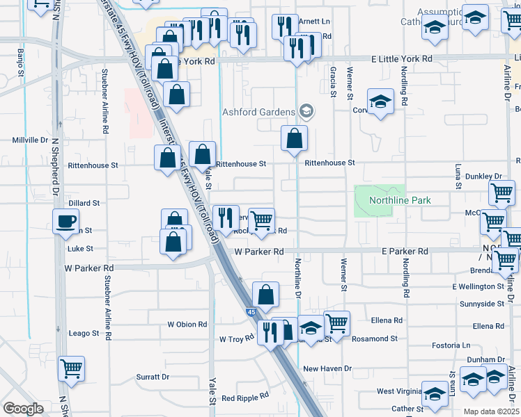 map of restaurants, bars, coffee shops, grocery stores, and more near 213 West Twickenham Trail in Houston