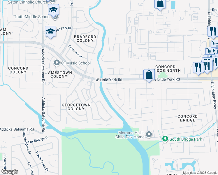 map of restaurants, bars, coffee shops, grocery stores, and more near 14030 Danton Falls Drive in Houston