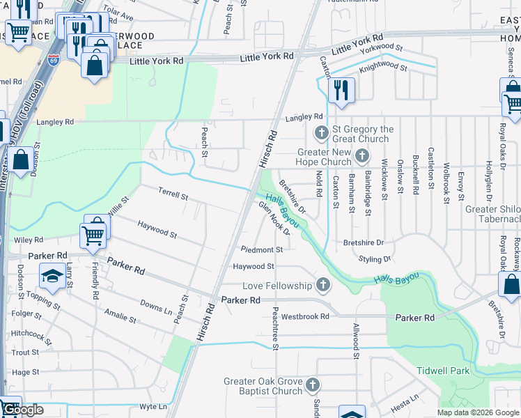 map of restaurants, bars, coffee shops, grocery stores, and more near 5214 Glen Nook Drive in Houston