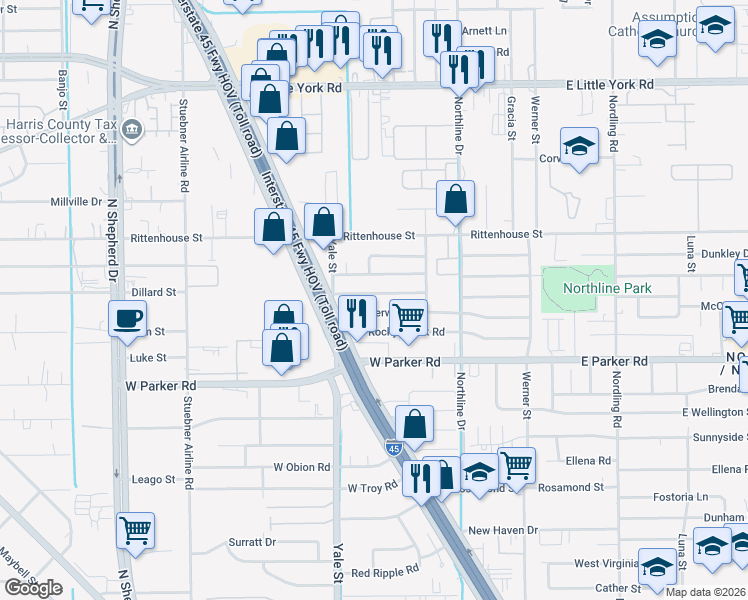 map of restaurants, bars, coffee shops, grocery stores, and more near 243 West Twickenham Trail in Houston