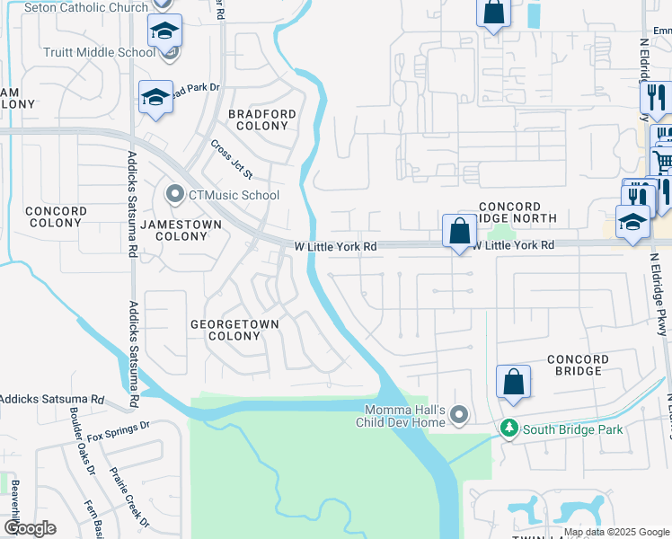 map of restaurants, bars, coffee shops, grocery stores, and more near 14030 Danton Falls Drive in Houston