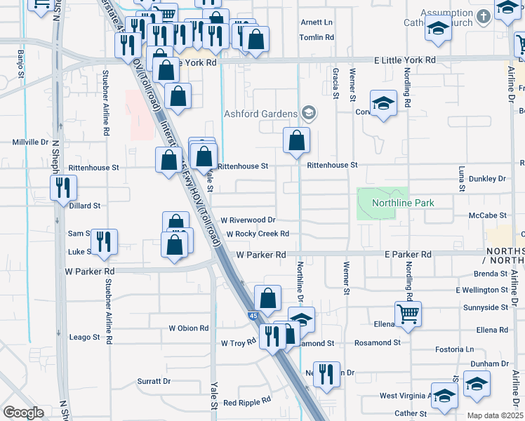 map of restaurants, bars, coffee shops, grocery stores, and more near 213 West Twickenham Trail in Houston