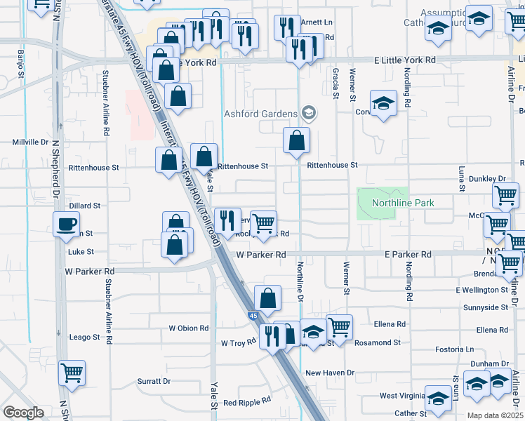 map of restaurants, bars, coffee shops, grocery stores, and more near 213 West Twickenham Trail in Houston