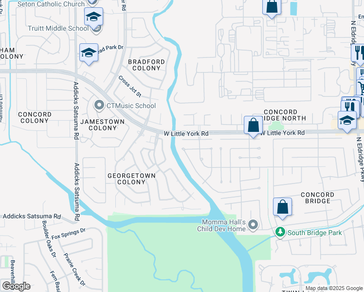 map of restaurants, bars, coffee shops, grocery stores, and more near 14030 Danton Falls Drive in Houston