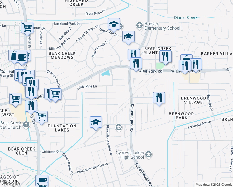 map of restaurants, bars, coffee shops, grocery stores, and more near 19331 Otter Trail Court in Katy