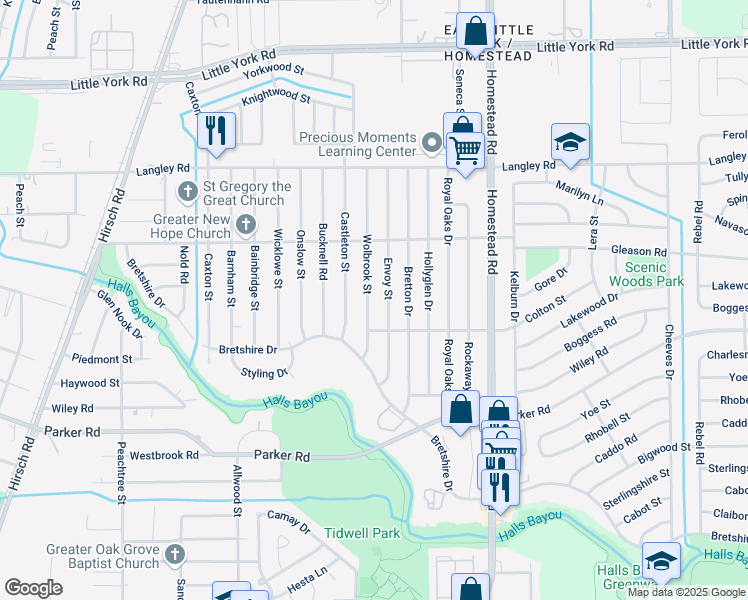 map of restaurants, bars, coffee shops, grocery stores, and more near 10410 Wolbrook Street in Houston