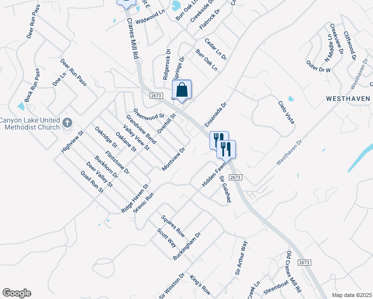 map of restaurants, bars, coffee shops, grocery stores, and more near 1121 Montview Drive in Canyon Lake