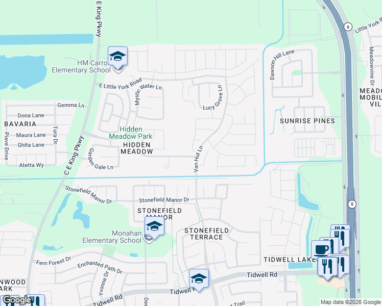 map of restaurants, bars, coffee shops, grocery stores, and more near 9807 Swindale Ridge Lane in Houston