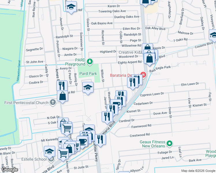 map of restaurants, bars, coffee shops, grocery stores, and more near 5220 Ehret Road in Marrero